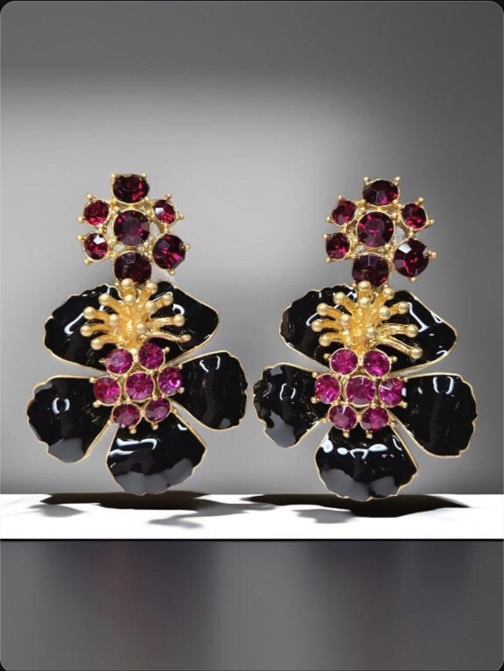 18k Gold Plated Huge French Designer Vibes Enamel Crystal Flower Earrings